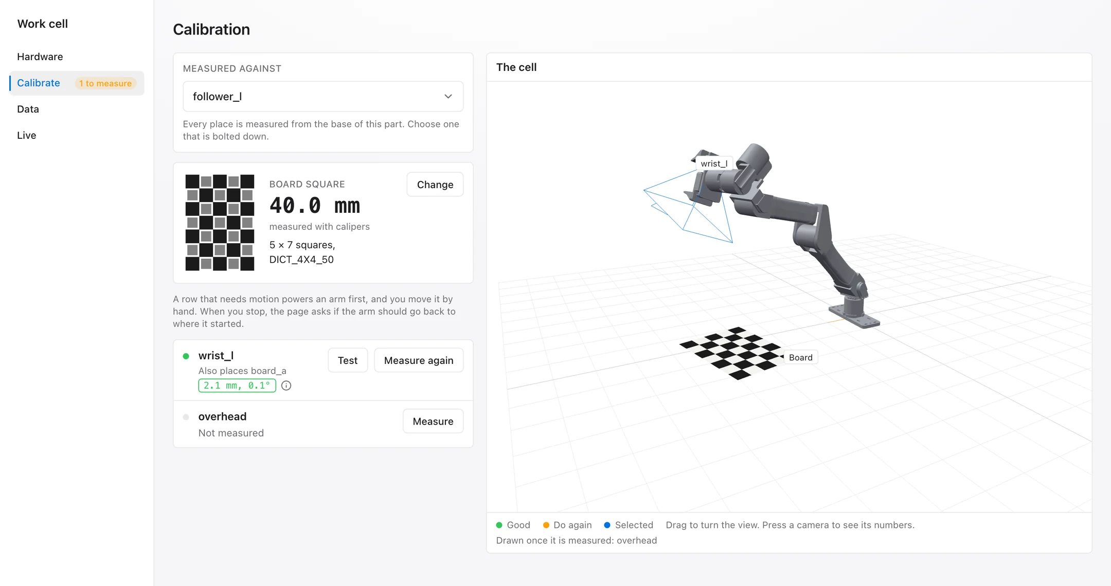 The Calibrate step: the wrist camera is measured at 2.1 mm and 0.1 degrees, shown on the arm in a 3D view of the cell.