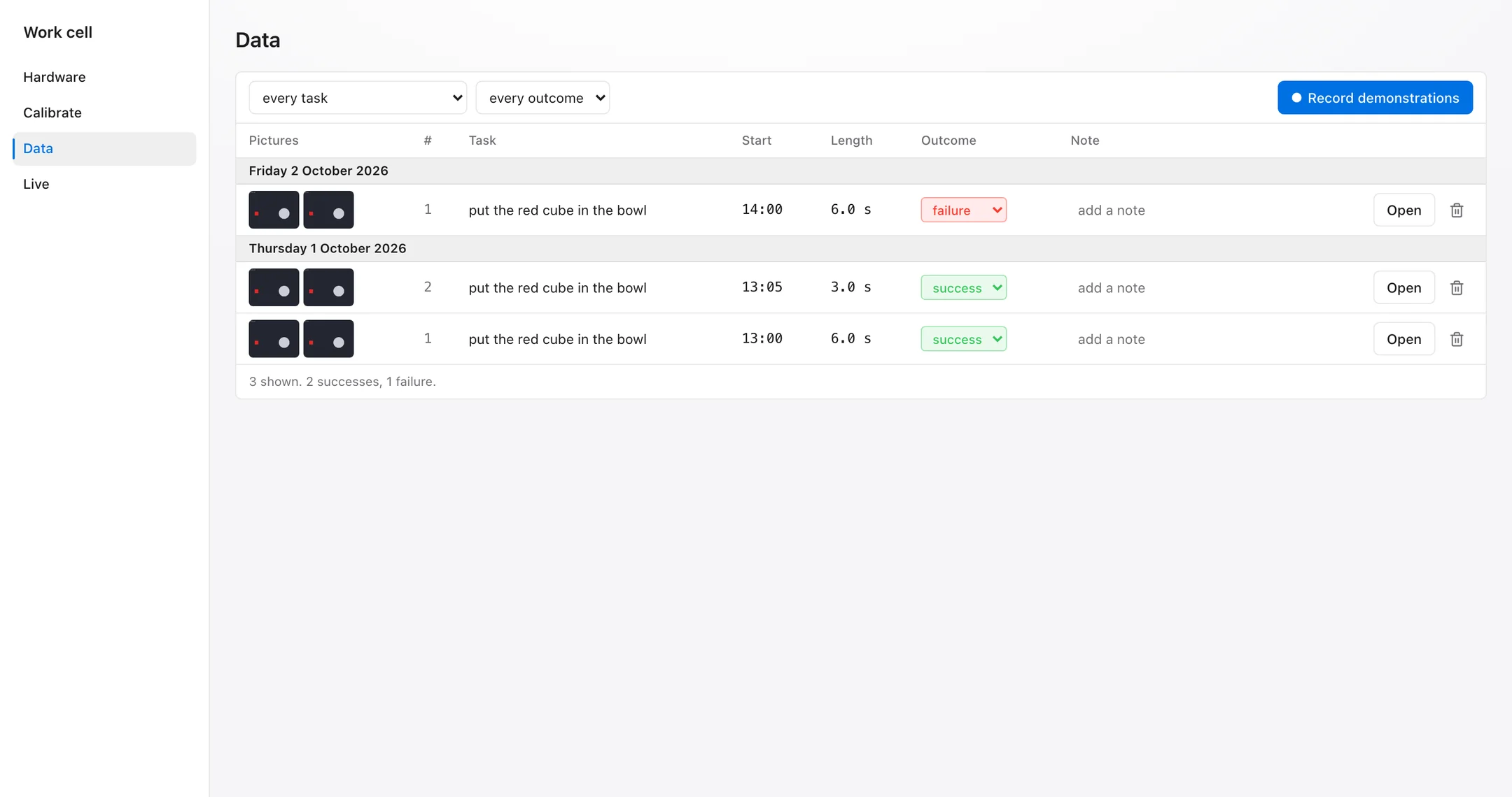 The Data step: a list of recorded demonstrations of one task, each marked success or failure.